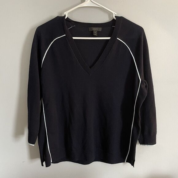 J. Crew Navy 100% Merino Wool Tipped Side Panel V-Neck Sweater - Picture 2 of 5